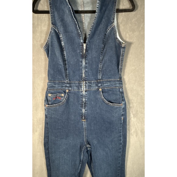 Urban Outfitters BDG Della Denim Jumpsuit Sleeveless Zip M Logo Pockets Stretch - Picture 3 of 9